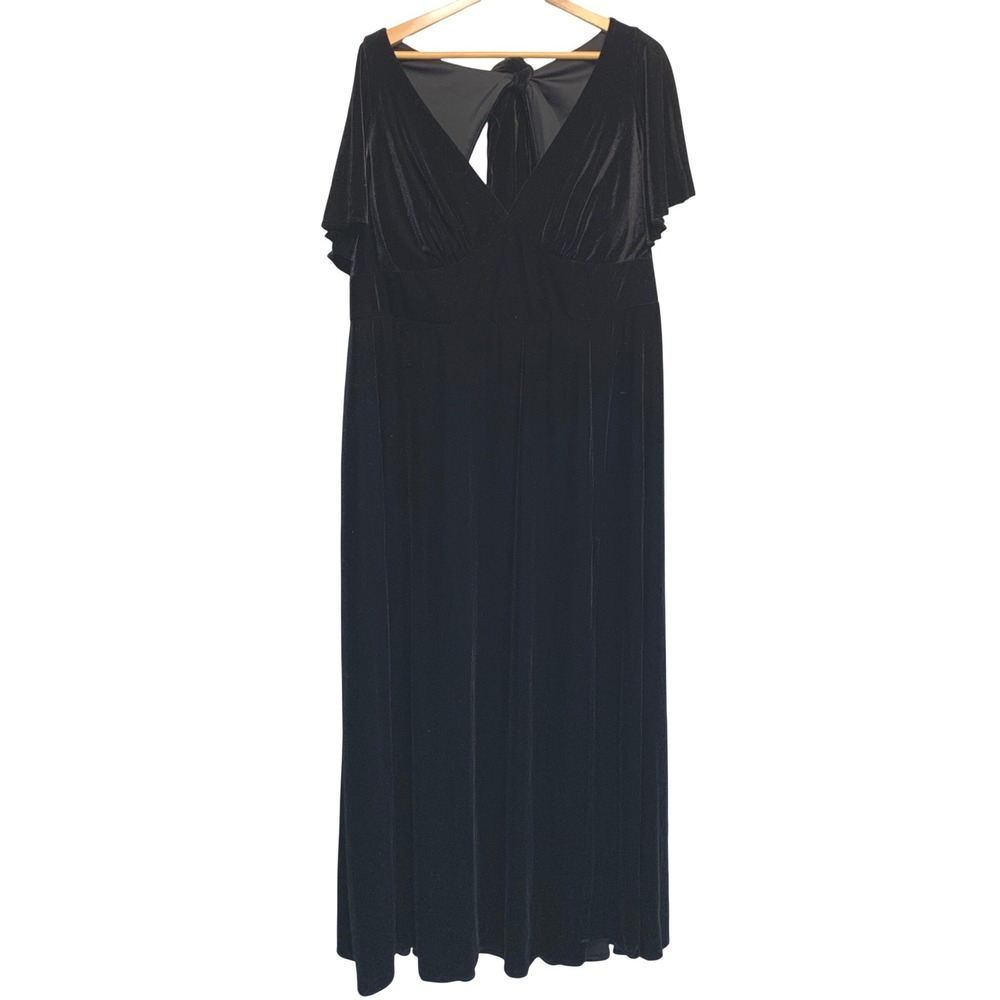 Azazie Maxi Dress 26 Black Velvet Flutter Sleeve Tie Back Formal Gown Pockets